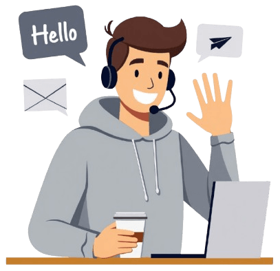 Foto de um rapaz de blusa no computador acenando Hello